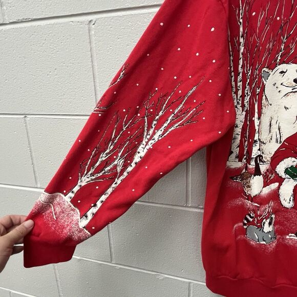 VTG Red Christmas Sweatshirt Large-Deer-Santa-rabbits-ugly Christmas-glitter - Picture 3 of 9